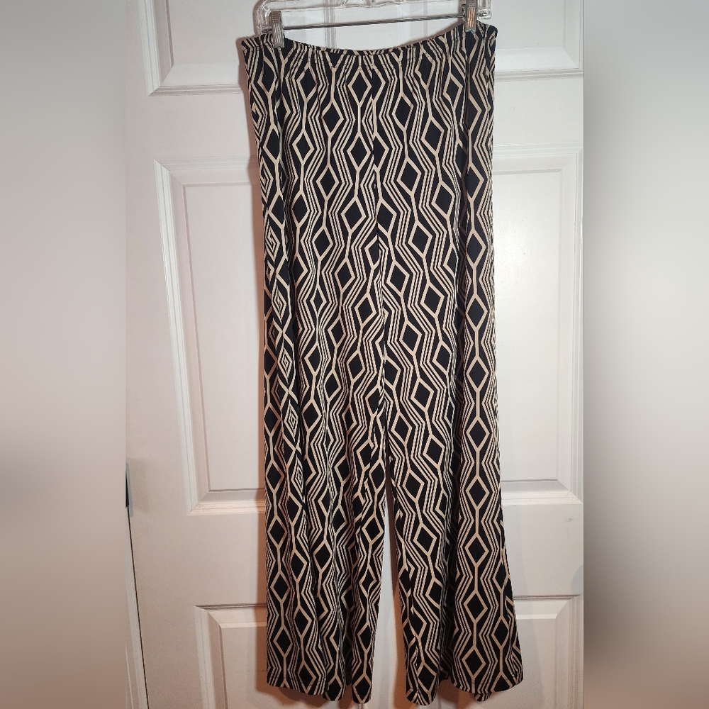 Zac & Rachel Stretchy Black And Tan Geometric Pattern Pull On Wide Leg Pants L